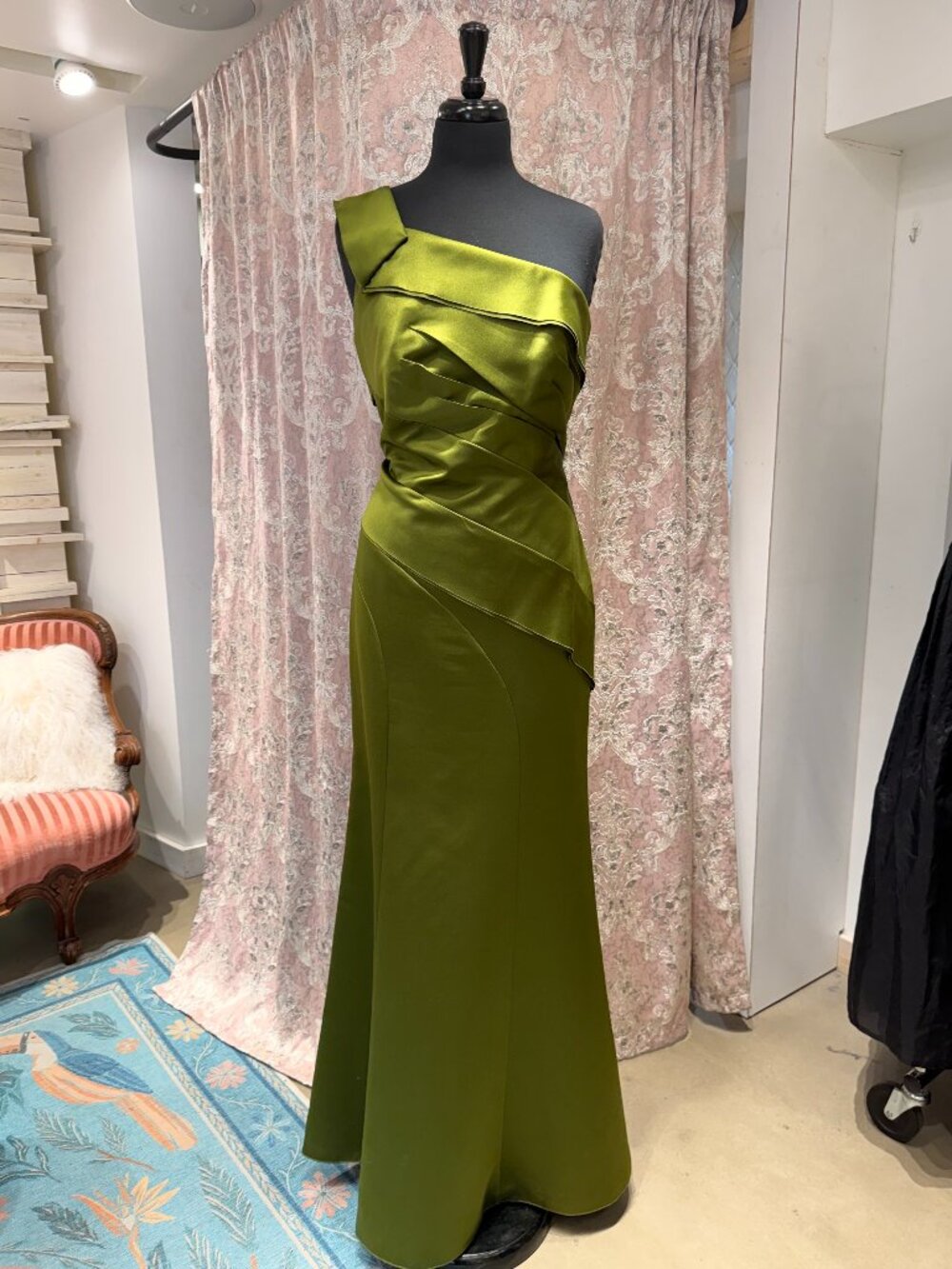 WHITE by Vera Wang Olive Satin One Shoulder Gown